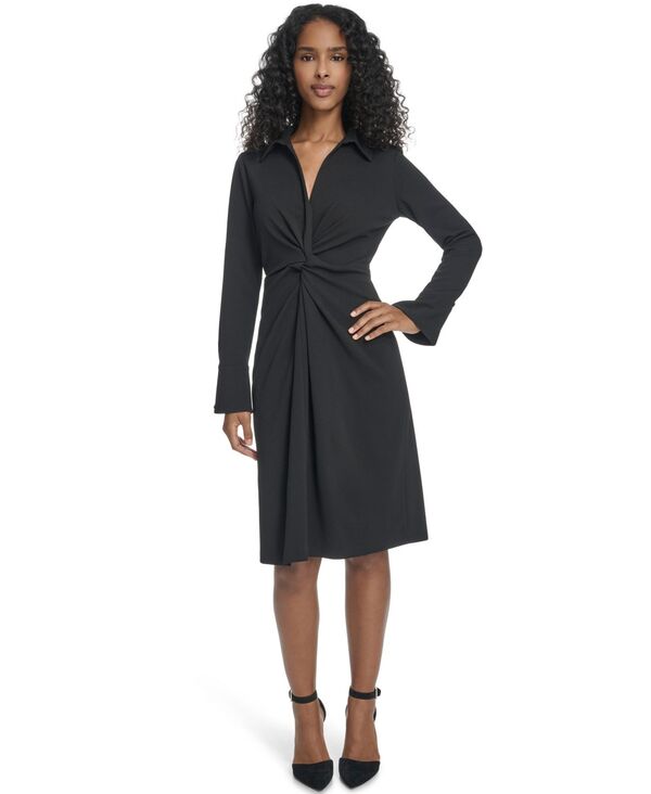 カルバンクライン レディース トップス ワンピース プチ ミディ シャツ 長袖 Calvin Klein Women's Petite Collar Long-Sleeve Midi Shirtdress Black ブラック
