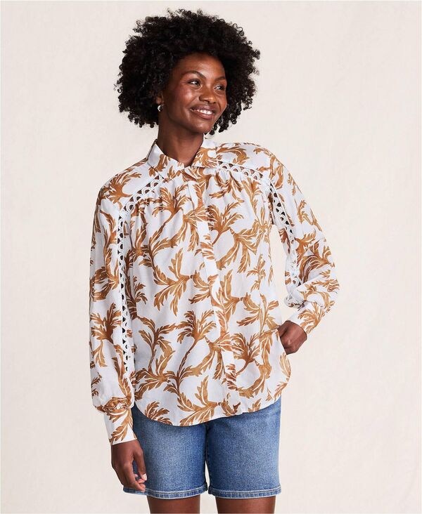 ランズエンド レディース トップス シャツ Lands' End Women's Voile Shirred Trim Insert Shirt Soft ice bluelegant leaves ブルー|ReVida 店