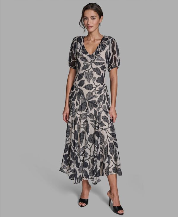 ビーシビージー レディース トップス ワンピース Vネック シフォン フラワー柄 マキシ フラワー BCBG Women's Floral V-Neck Chiffon Maxi Dress Black/Whisper White ホワイト