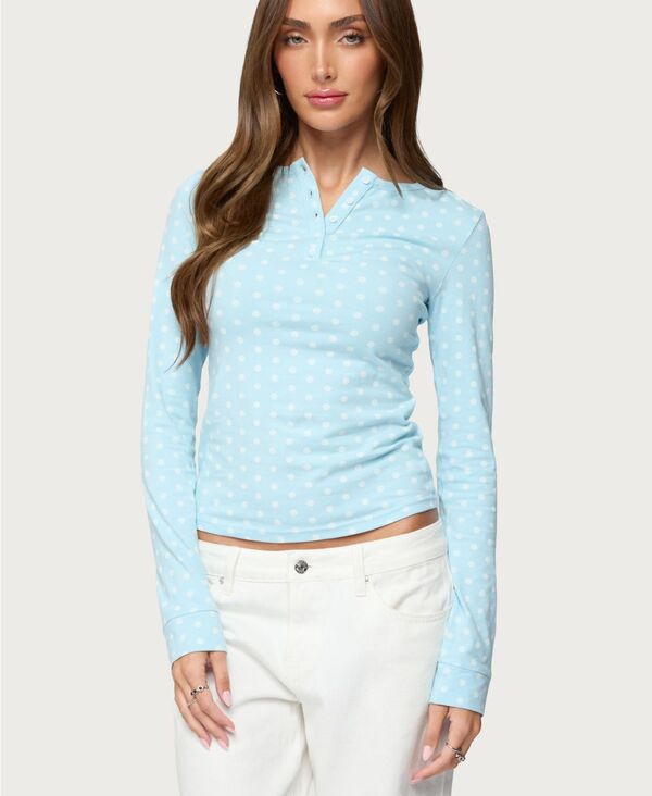 アディクテッド レディース トップス シャツ ドット柄 ドット Edikted Women's Keana Polka Dot Henley Top Light-blue ブルー|ReVida 店