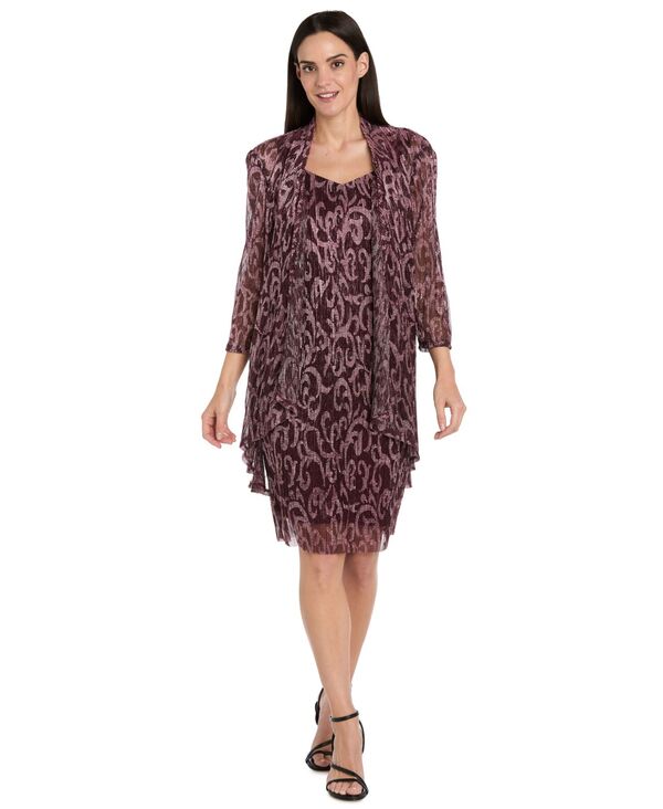 アールアンドエムリチャーズ レディース アウター ジャケット・ブルゾン プリントール R & M Richards Women's 2-Piece Printed Metallic Foil Swirl Jacket Dress Merlot/Rose メタリック