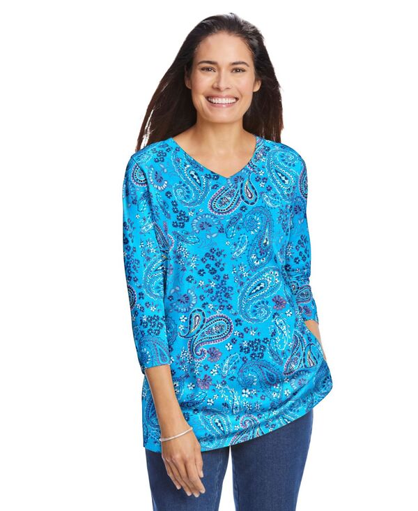 ウーマン ウィズイン レディース トップス シャツ Vネック プリント Woman Within Women's Within Perfect Printed Three-Quarter Sleeve V-Neck Tee Pretty turquoise paisley ターコイズ