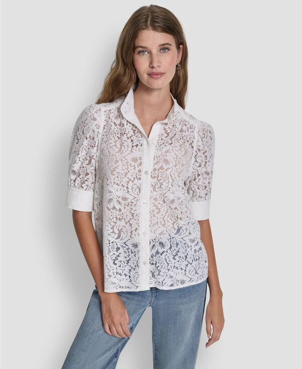 ダナキャランニューヨーク レディース トップス シャツ レース DKNY Jeans Women's Lace Puff Sleeve Stand Collar Shirt Ivory アイボリー