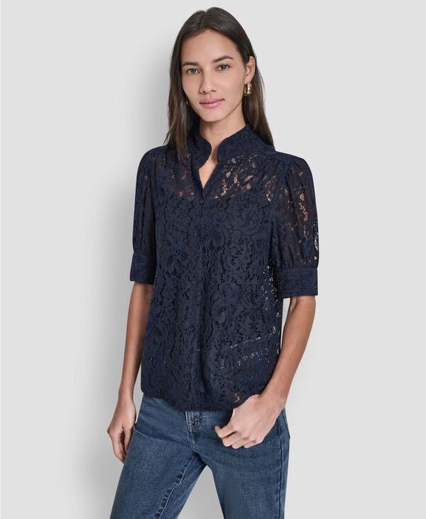 ダナキャランニューヨーク レディース トップス シャツ レース DKNY Jeans Women's Lace Puff Sleeve Stand Collar Shirt Peacoat