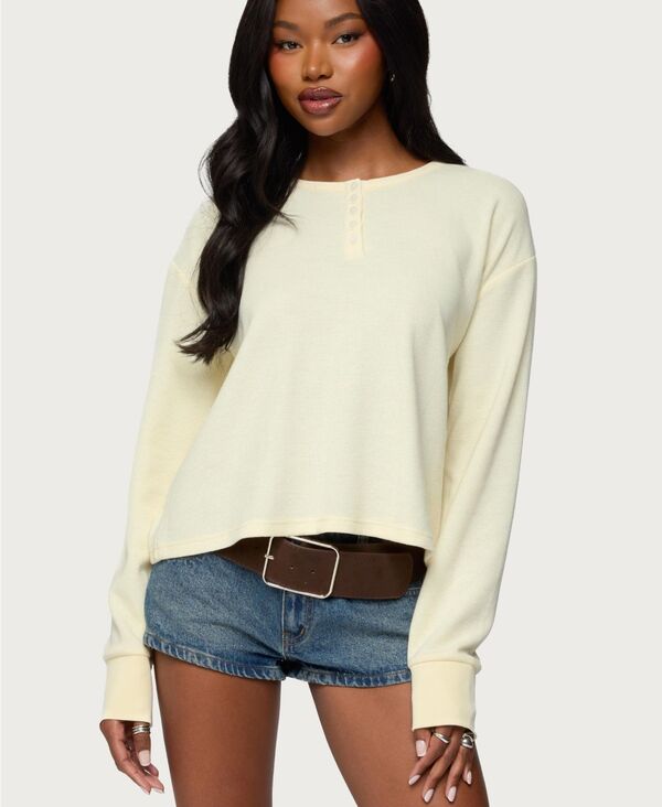 アディクテッド レディース トップス シャツ Edikted Women's Deni Long Sleeve Henley Waffle Top Yellow イエロー｜ReVida 店