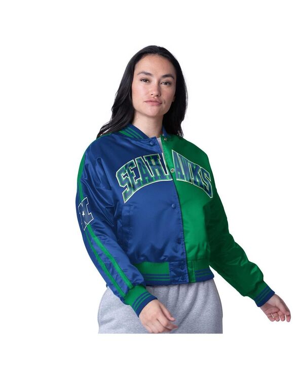 スターター レディース アウター ジャケット・ブルゾン サテン クロップド Starter Women's College Navy/Neon Green Seattle Seahawks Zone Blitz Cropped Full-Snap Satin Jacket College Navy Neon Green ネイビー