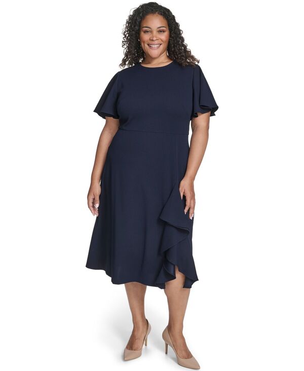 カルバンクライン レディース トップス ワンピース プラスサイズ ミディ Calvin Klein Plusize Flutter Sleeve Round Neck Midi Dress Indigo インディゴ