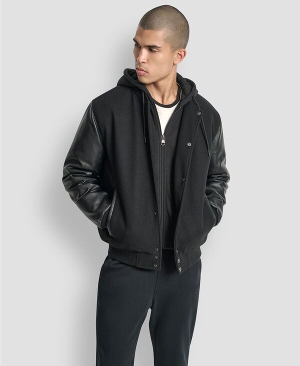 ダナ キャラン ニューヨーク メンズ アウター ジャケット・ブルゾン カラーブロック DKNY Men's Colorblocked Removable Hood Varsity Jacket Black ブラック