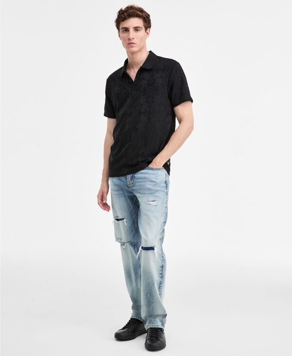 ゲス メンズ トップス スポーツシャツ 半袖 編み物 GUESS Men\u0027s Tonal Jacquard Short-Sleeve Knit Polo Shirt Jet Black 黒いこと