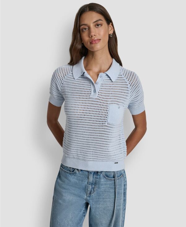 ダナキャランニューヨーク レディース アウター ニット・セーター ポロシャツ 半袖 DKNY Jeans Women'short-Sleeve Polo Collar Faux Crochet Stitch Sweater Frost Blue ブルー