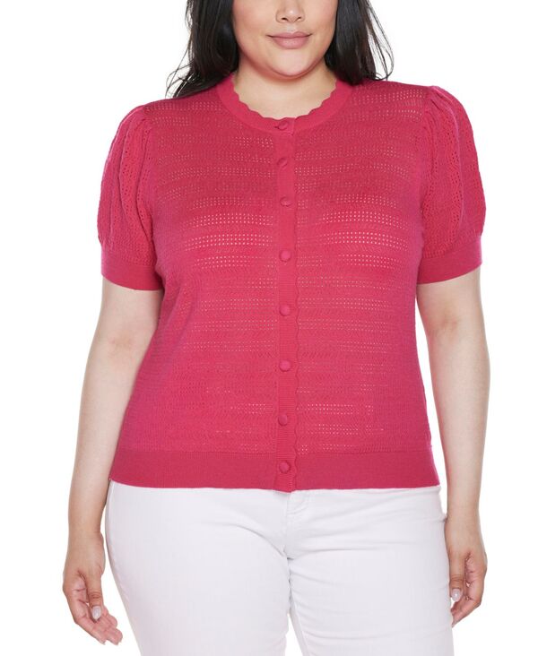 ベルディーニ レディース アウター ニット・セーター プラスサイズ カーディガン Belldini Plusize Pointelle Scalloped-Placket Cardigan Sweater Pomegranate Punch