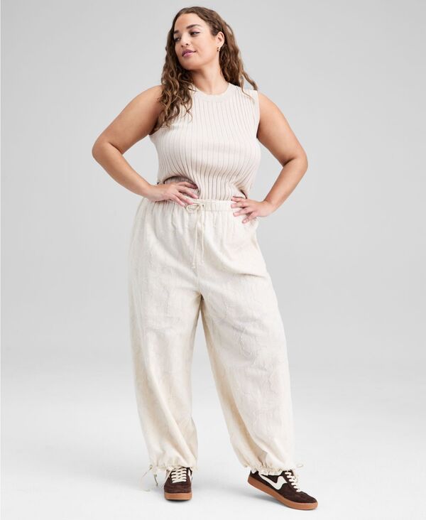 アンドノウディス レディース ボトムス カジュアルパンツ プラスサイズ コットン And Now This Trendy Plusize Cotton Jacquardrawstring-Hem Pants Beige ベージュ|ReVida 店