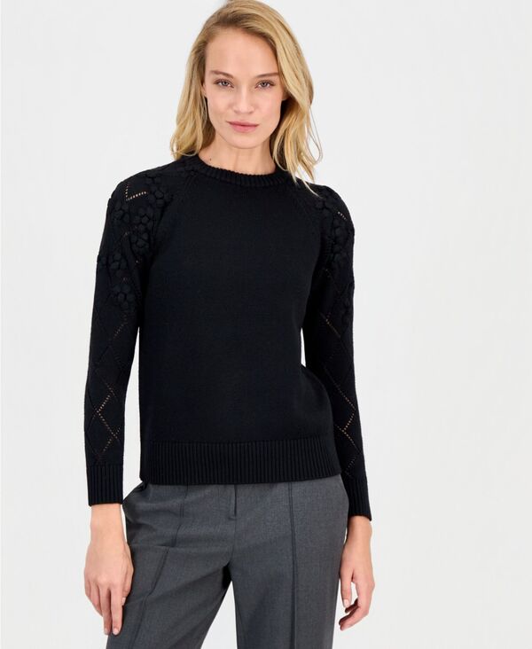 アンクライン レディース アウター ニット・セーター フラワー柄 プチ フラワー Anne Klein Petite Floral-Trim Pointelle-Sleeve Sweater Anne Black ブラック|ReVida 店