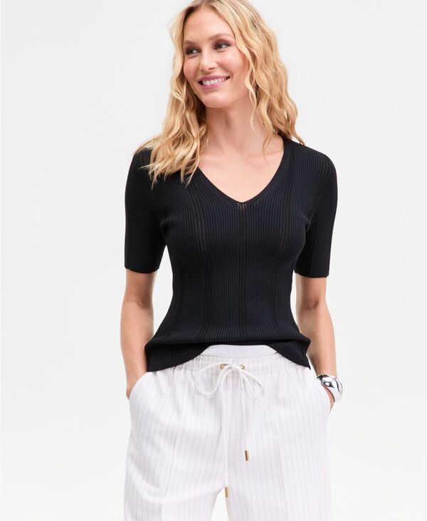 アイ.エヌ.シー インターナショナル コンセプト レディース アウター ニット・セーター Vネック リブ I.N.C. International Concepts Women's V-Neck Short Sleeve Ribbed Knit Sweater Deep Black ブラック