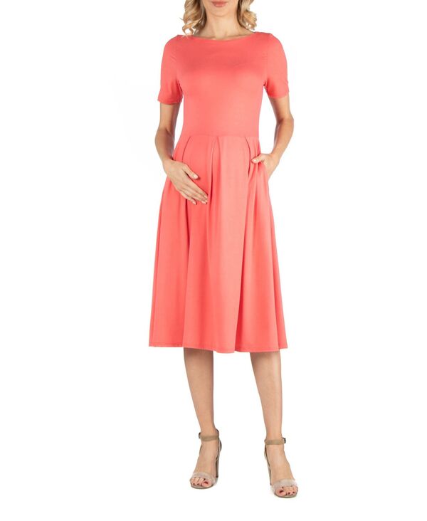 24 セブンコンフォート レディース トップス ワンピース ミディ マタニティ 24seven Comfort Apparel Maternity Midi Dress with Short Sleeve and Pocket Detail Coral コーラル｜ReVida 店