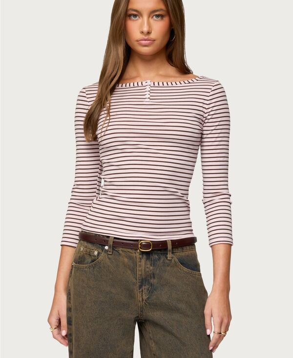 アディクテッド レディース トップス シャツ Edikted Women's Avigyle Striped Boat Neck Top Light-pink ピンク|ReVida 店