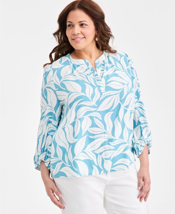 スタイルアンドコー レディース トップス シャツ プラスサイズ プリント Style & Co Plusize Printed Split-Neck Popover Top Fern Leave Quick Dip