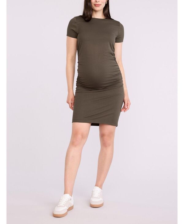 マザーフッドマタニティー レディース トップス ワンピース クルーネック ギャザー ミニ Women's Crewneck Short Sleeve Side Ruched Bodycon Mini Dress - Motherhood Maternity Deep depths