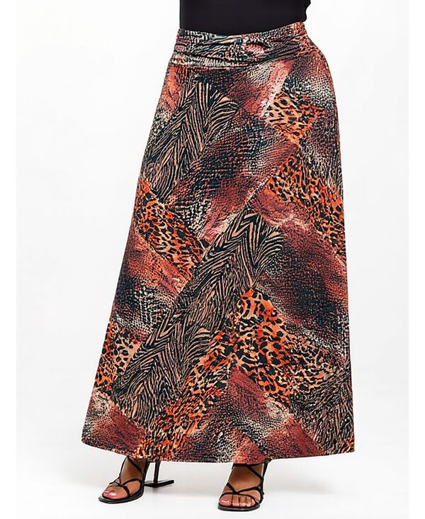 24 セブンコンフォート レディース ボトムスカート プラスサイズ プリント パッチワーク マキシ 24seven Comfort Apparel Plusize Brown Animal Patchwork Print Maxi Skirts Brown Multi ブラウン