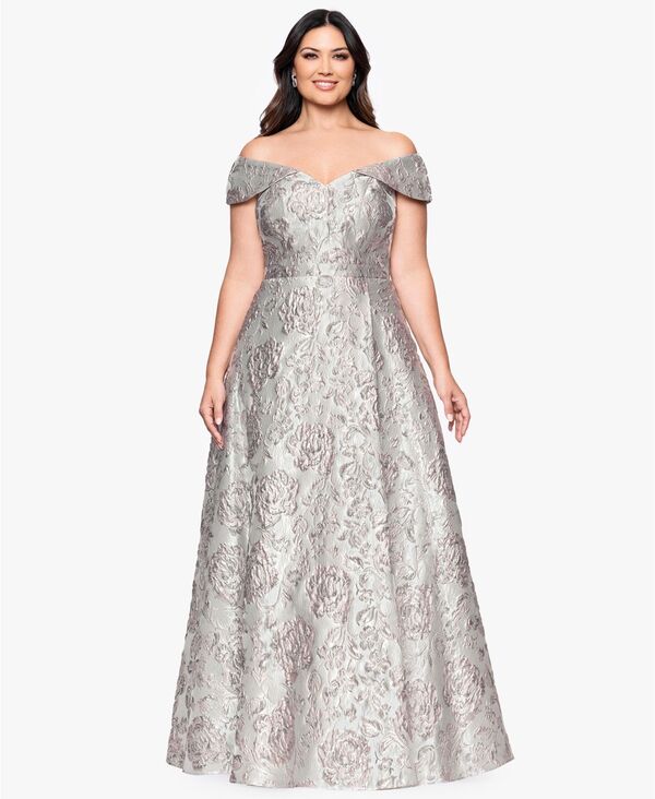エスケープ レディース トップス ワンピース プラスサイズ XSCAPE Plusize Off The Shoulder Long Ball Gown Taupe Silver トープ