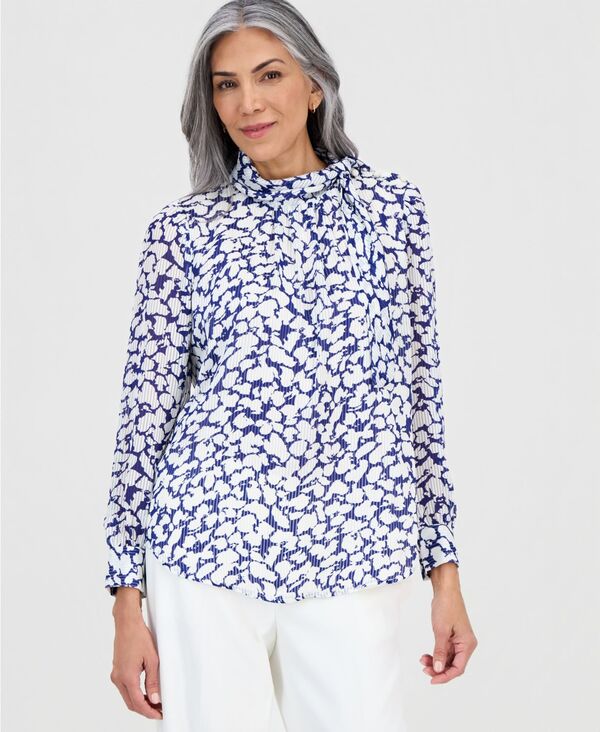 カスパール レディース トップス シャツ プリント ブラウス 長袖 Kasper Women's printed High-Tie-Neck Long-Sleeve Blouse Royal Sig/vnila Ice 12,305円