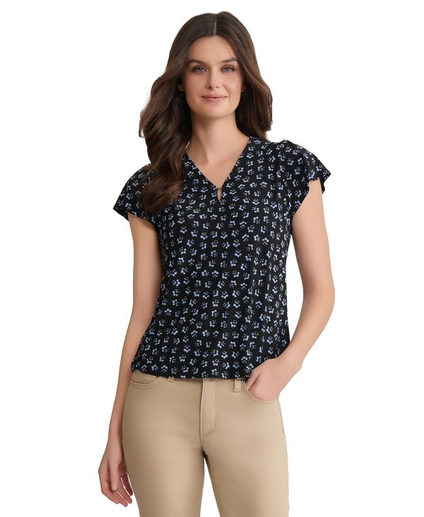 ジョーンズニューヨーク レディース トップス シャツ Vネック プチ Jones New York Petite Flutter Sleeve Tube Trim V-Neck Top Jones Black Chintz Blue ブラック