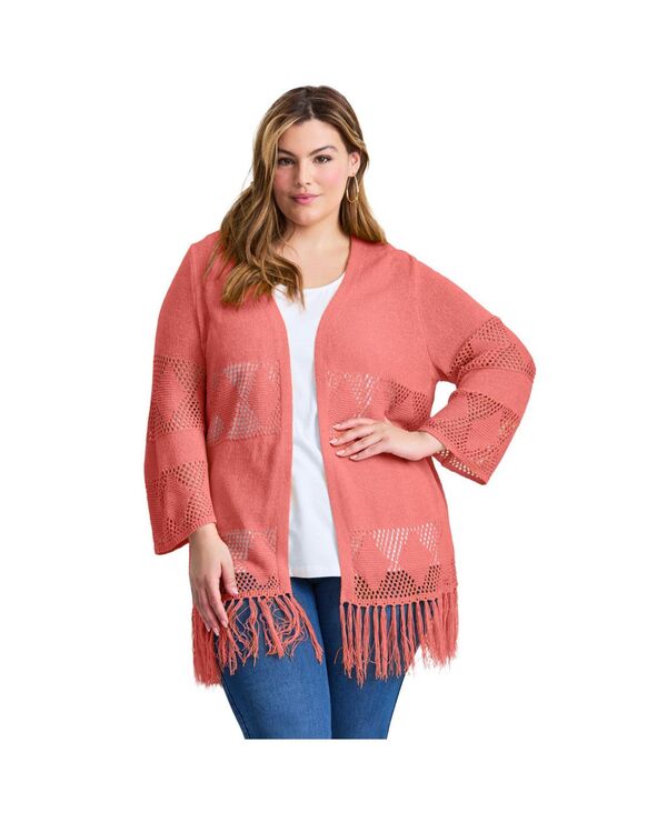 アベニュー レディース アウター ニット・セーター プラスサイズ カーディガン フリンジ AVENUE Women's Plusize Pointelle Fringe Cardigan Sweet coral コーラル|ReVida 店