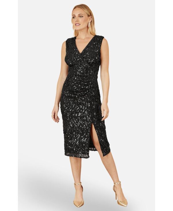 ユミキム レディース トップス ワンピースパンコール Yumi Women'sequin Fitted Wrap Dress With Split Hem Black ブラック｜ReVida 店