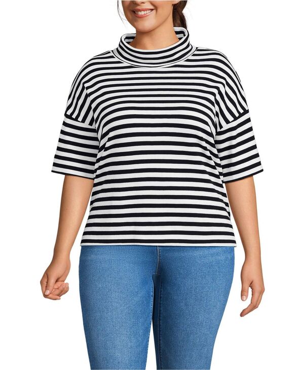 ランズエンド レディース トップス シャツ タートルネック プラスサイズ コットン Lands' End Plusizelbow Sleeve Supima Cotton Relaxed Turtleneck Black even stripe ブラック