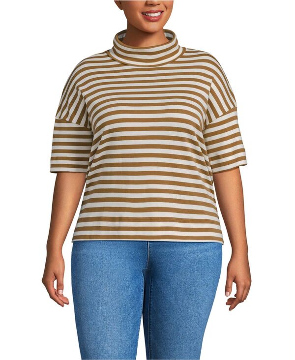 ランズエンド レディース トップス シャツ タートルネック プラスサイズ コットン Lands' End Plusizelbow Sleeve Supima Cotton Relaxed Turtleneck Canyon camel even stripe キャメル