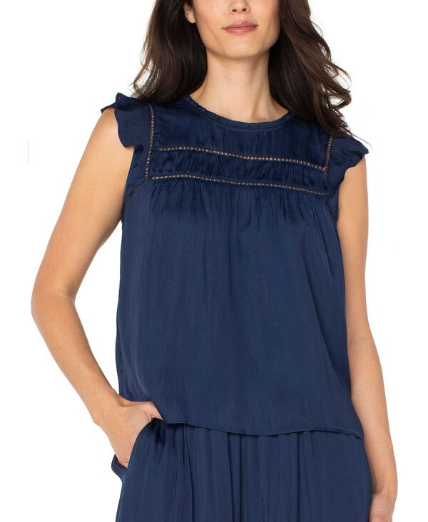 リヴァプール ロサンゼルス レディース トップス シャツ ブラウス Liverpoolos Angeles Women's Flutter-Sleeve Woven Blouse Dark Navy ネイビー｜ReVida 店