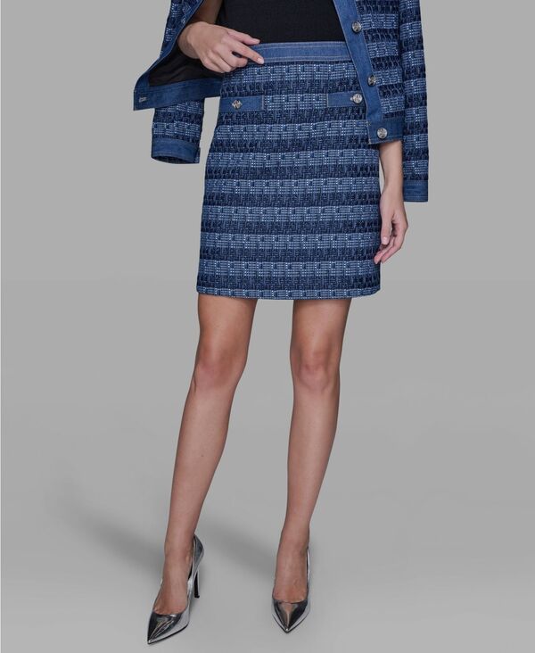 カール ラガーフェルド レディース ボトムスカート ミニ ツイード デニム KARLAGERFELD PARIS Women's Tweed andenim Zipper Mini Skirt Blue Aura/french Blue Multi ブルー