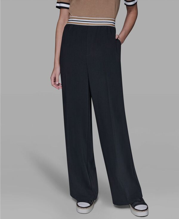 カール ラガーフェルド レディース ボトムス カジュアルパンツ ワイドレッグ KARLAGERFELD PARIS Women'striped Wide Leg Pull-On Pants Black ブラック