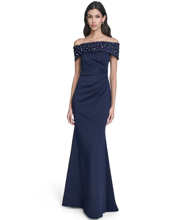 エリザジェイ レディース トップス 衣装 Eliza J Women\u0027s Off-The-Shoulder Faux-Pearl-Embellished Eveningownavy 米国海軍 ワンピース-レディースファッション