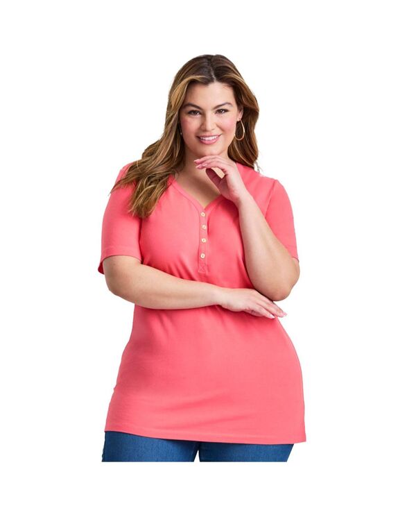 アベニュー レディース トップス シャツ AVENUE Women'short Sleeve Henley Tunic Top Sweet coral コーラル