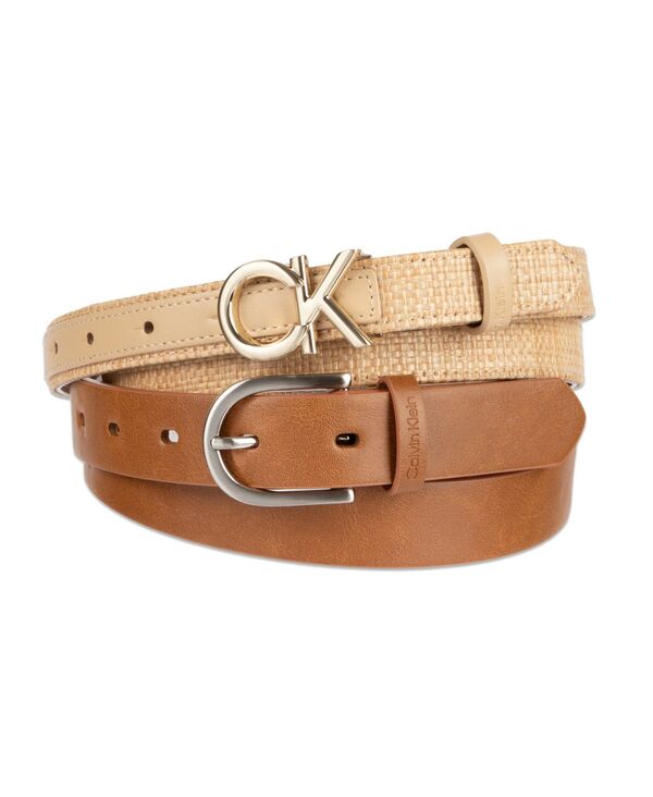 カルバンクライン レディース アクセサリー ベルト Calvin Klein Women's Two Pack Belt Set - Skinny Monogram Buckle Belt and Harness Buckle Belt Set Cognac/Natural