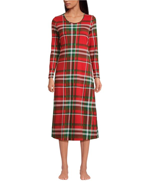 ランズエンド レディース アンダーウェア ナイトウェア コットン Lands' End Women's Cotton Long Sleeve Midcalf Nightgown Compass red/emerald plaid レッド