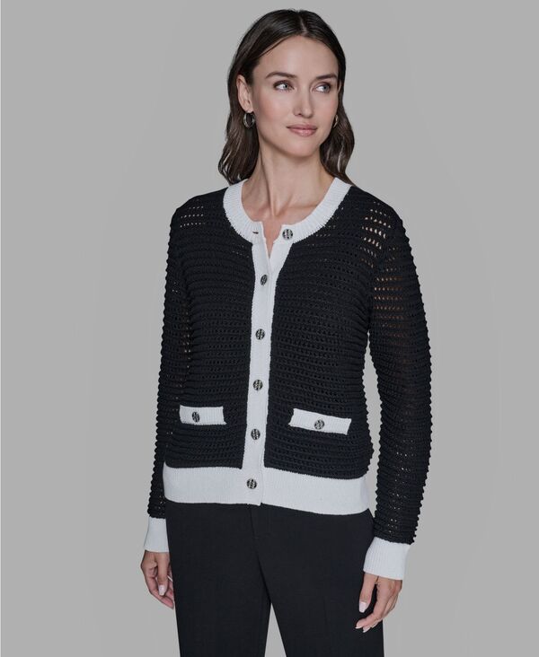 カール ラガーフェルド レディース アウター ニット・セーター カーディガン KARLAGERFELD PARIS Women Button-Front Cardigan Black/soft White ホワイト