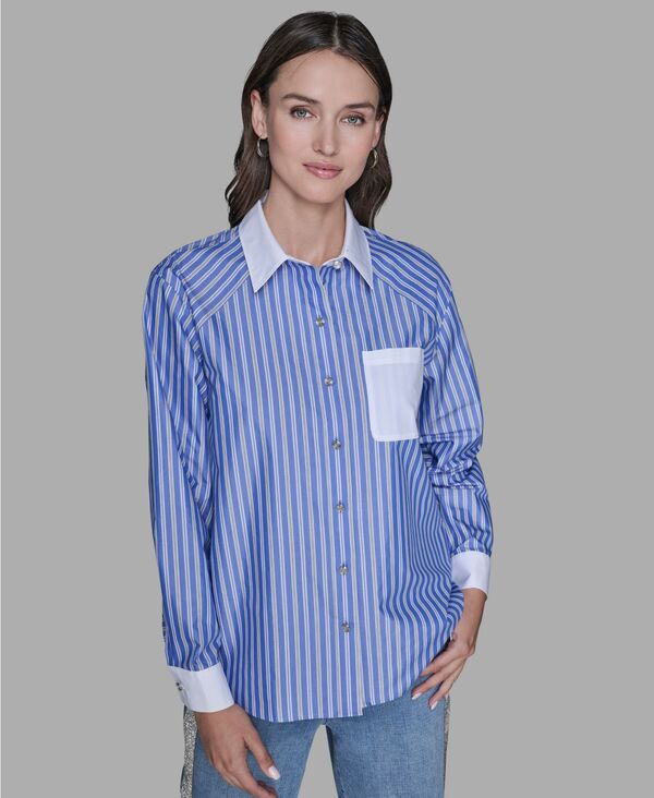カール ラガーフェルド レディース トップス シャツ コントラスト ブラウス KARLAGERFELD PARIS Women'stripe Contrast Front Button Collar Blouse French Blue Combo ブルー