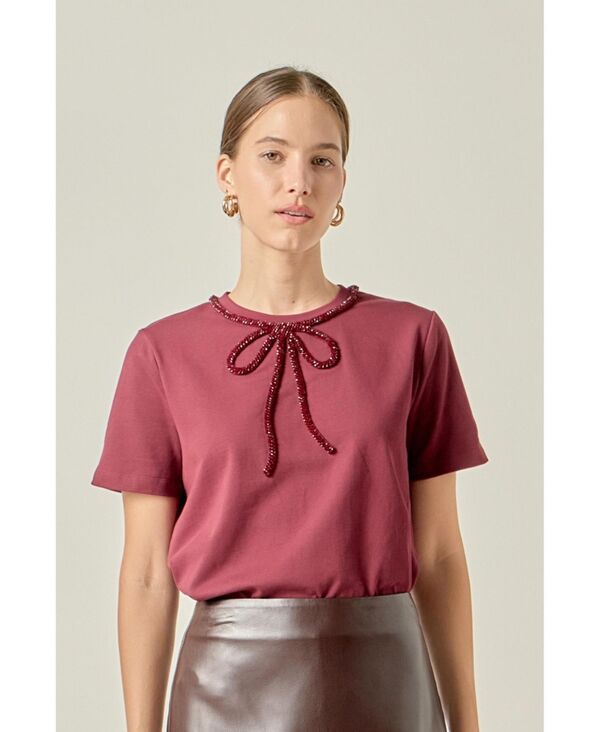 イングリッシュファクトリー レディース トップス シャツ プチ English Factory Petite Beaded Bow T-Shirt Burgundy バーガンディ