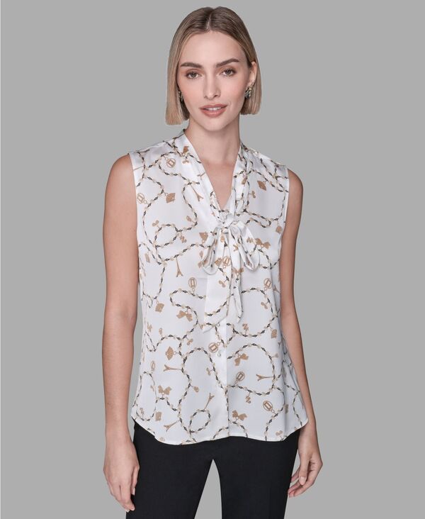 カール ラガーフェルド レディース トップス シャツ Vネック ボタンダウン プリント ダウン KARLAGERFELD PARIS Women's V-Neck Button Down Front Printed Top Soft White Multi ホワイト