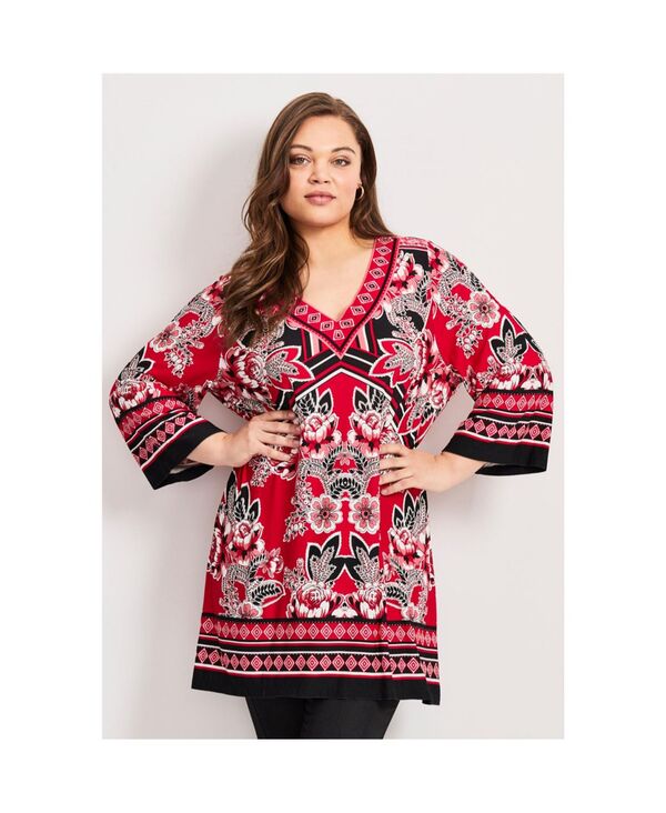 アベニュー レディース トップス シャツ プリント AVENUE Women'scarf Printunic Top Red scarf print レッド