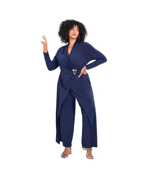 アベニュー レディース ボトムス カジュアルパンツ プラスサイズ ジャンプスーツ AVENUE Women's Plusize Glamour Wrap Front Jumpsuit Midnight｜ReVida 店