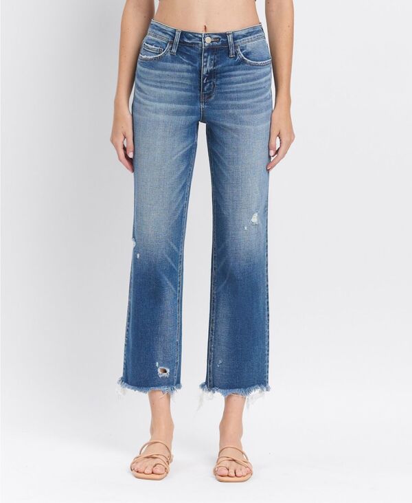 フライングモンキー レディース ボトムス デニムパンツ ジーンズ Flying Monkey Women's High Rise Frayed Hem Crop Straight Jeans Admire blue ブルー｜ReVida 店