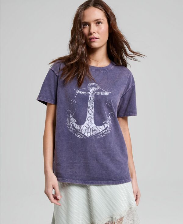 アンドノウディス レディース トップス シャツ プリント コットン グラフィック And Now This Women's Cotton Anchor Graphic-Printee Washed Navy Blue ネイビー