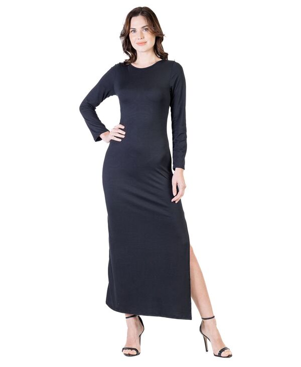24 セブンコンフォート レディース トップス ワンピース サイドスリット プチ マキシ 24seven Comfort Apparel Petite Long Sleeve Side Slit Fitted Maxi Dress Black ブラック|ReVida 店