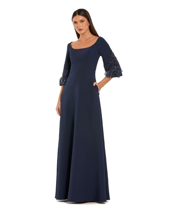 マックダガル レディース トップス ワンピース クレープ フラワー柄 フラワー Mac Duggal Women's Floral Embellished Sleeves Crepe Gown Midnight｜ReVida 店
