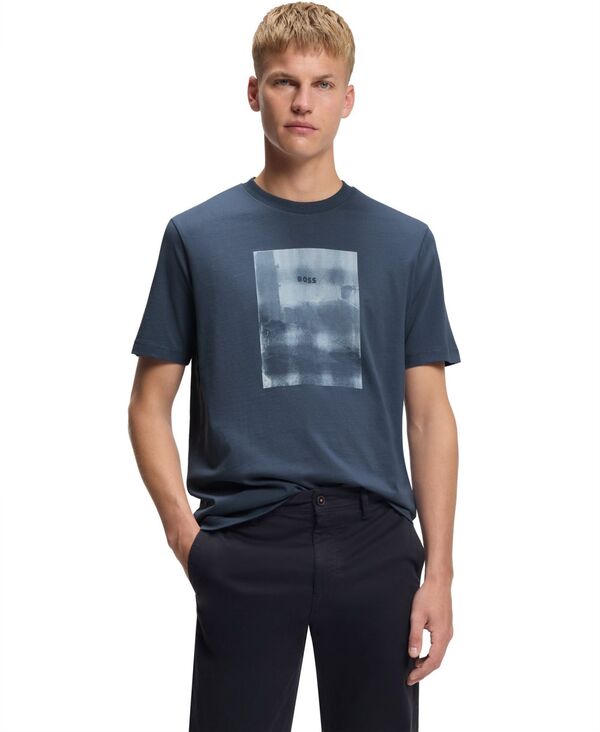 ヒューゴボス メンズ トップス Tシャツ プリント コットン ジャージー Hugo Boss Men's Printed Artwork Cotton-Jersey T-Shirt Open Blue ブルー