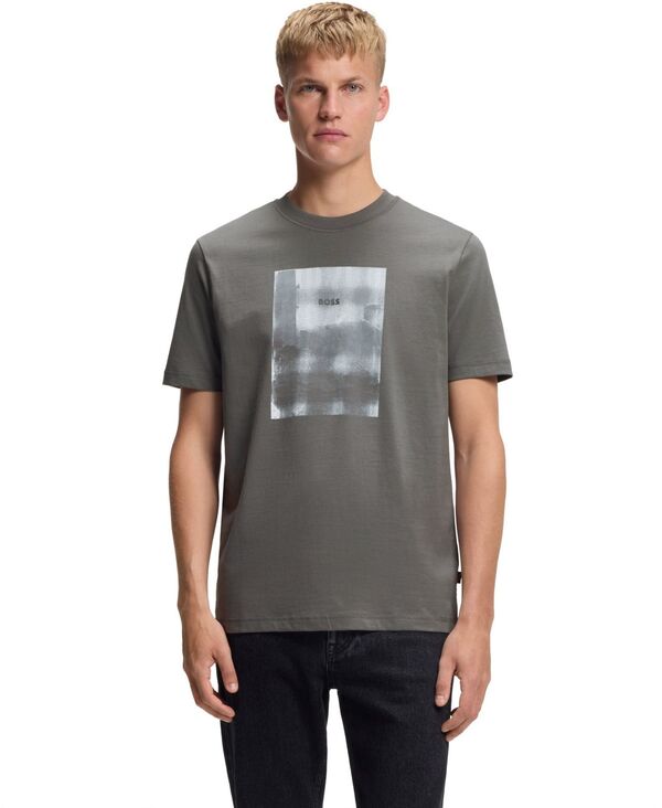 ヒューゴボス メンズ トップス Tシャツ プリント コットン ジャージー Hugo Boss Men's Printed Artwork Cotton-Jersey T-Shirt Open Gray グレー