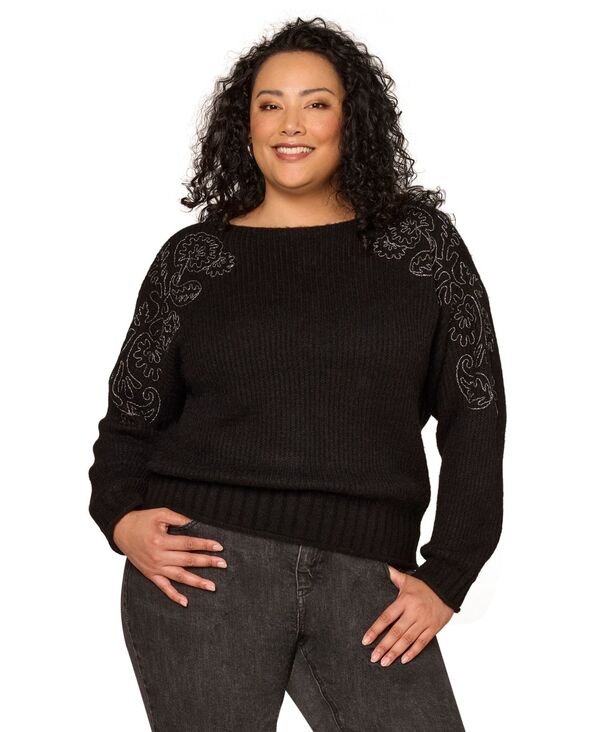 デモクラシー レディース アウター ニット・セーター プラスサイズ 刺繍 長袖 Democracy Plusizembroidered Shoulder Long-Sleeve Sweater Black ブラック